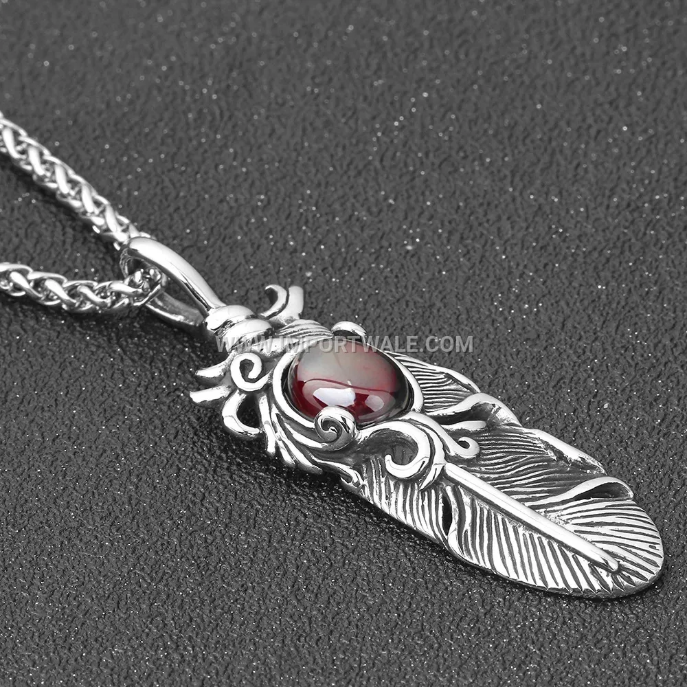 Vintage Distressed Feather Stainless Steel Pendant Necklace for Men