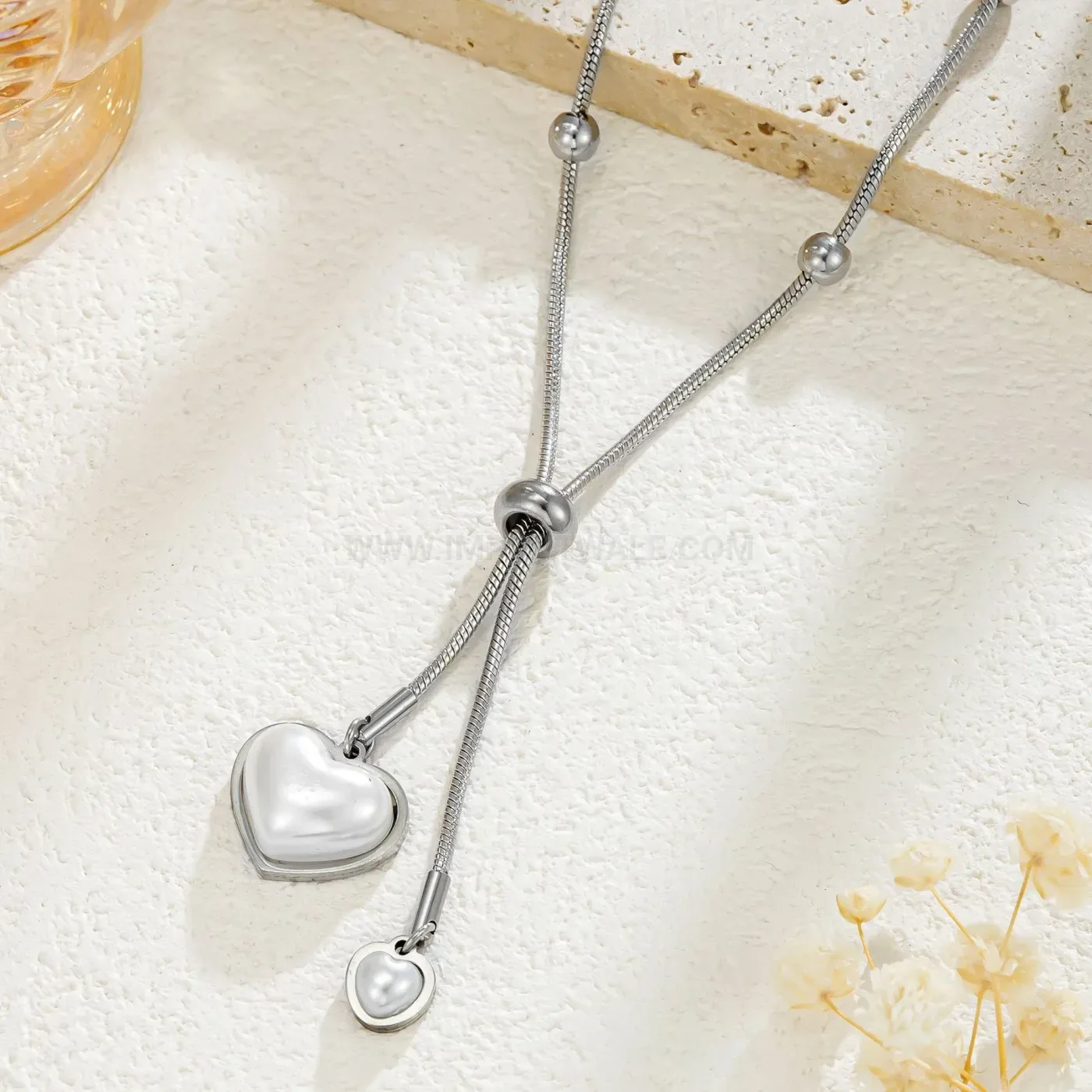 Chic Adjustable Double Heart Pearl Accent Stainless Steel Snake Chain Necklace
