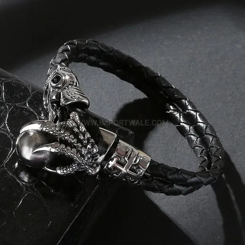Elegant Double-Strand Eagle Claw Leather Stainless Steel Men Wrap Bracelet