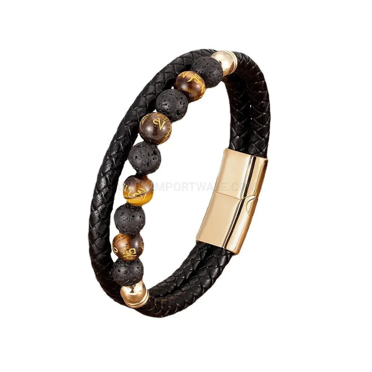 Woven Leather Stone Bead Wristband with Stainless Steel Closure