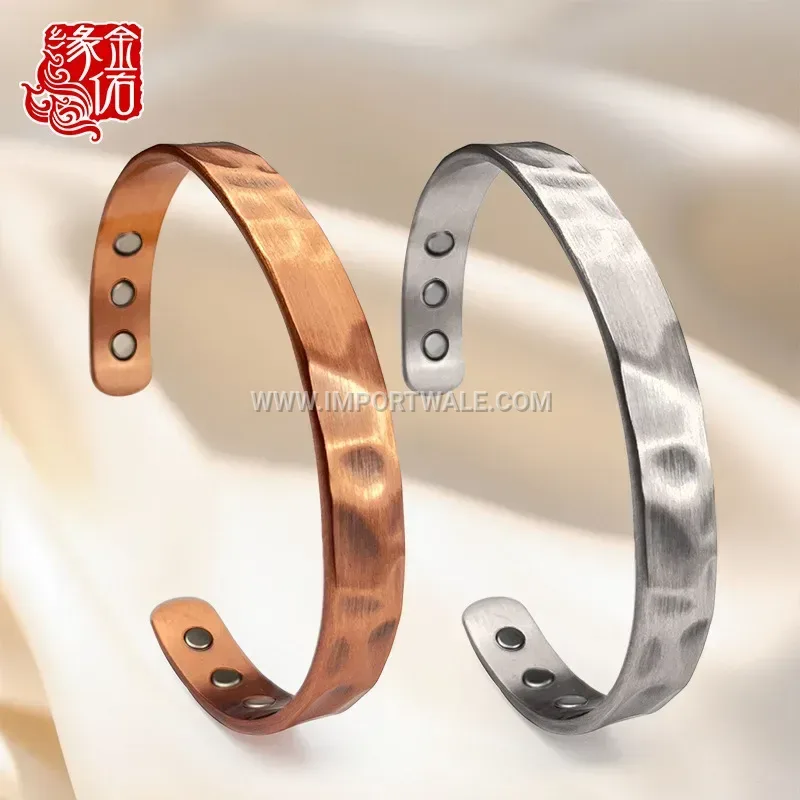 Vintage Hammered Pure Copper Open Magnetic Bracelet for Women