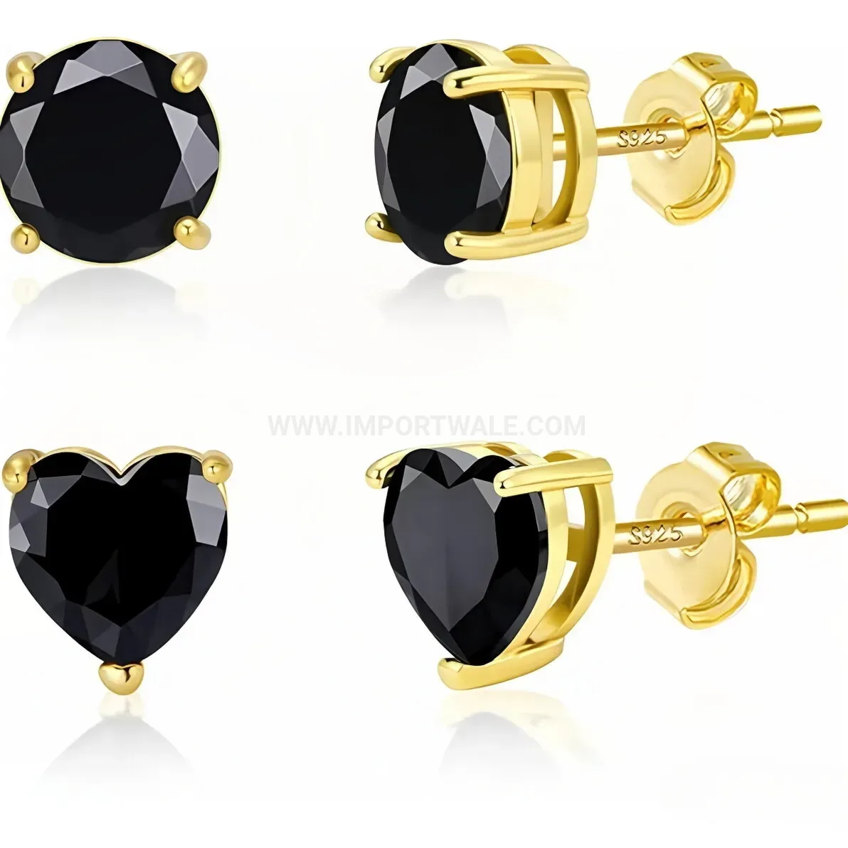 Trendy Stainless Steel Black Gemstone Heart and Round Piercing Stud Earrings Set