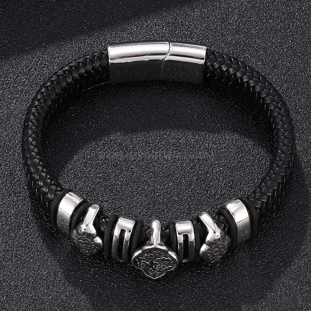 Floral Engraved Stainless Steel Magnetic Leather Wrap Bracelet