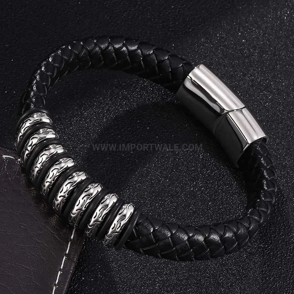 Adjustable Braided Leather Wristband with Stainless Steel Magnetic Clasp