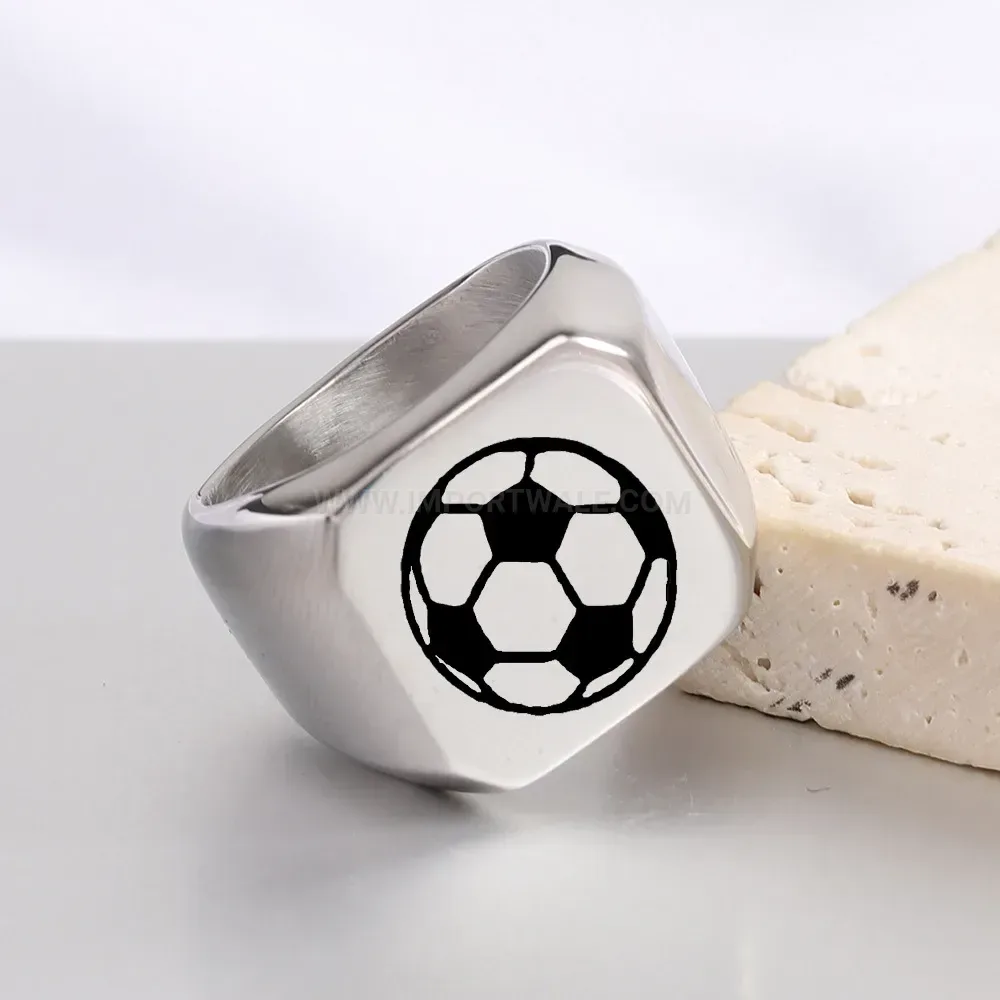 Bold Square Laser Engraved Soccer Motif Stainless Steel Ring