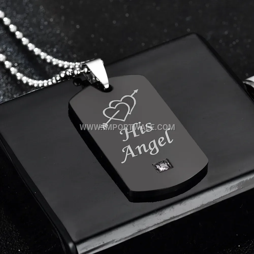 Stainless Steel Couples Dog Tag Pendant with Pink Crystal Accent