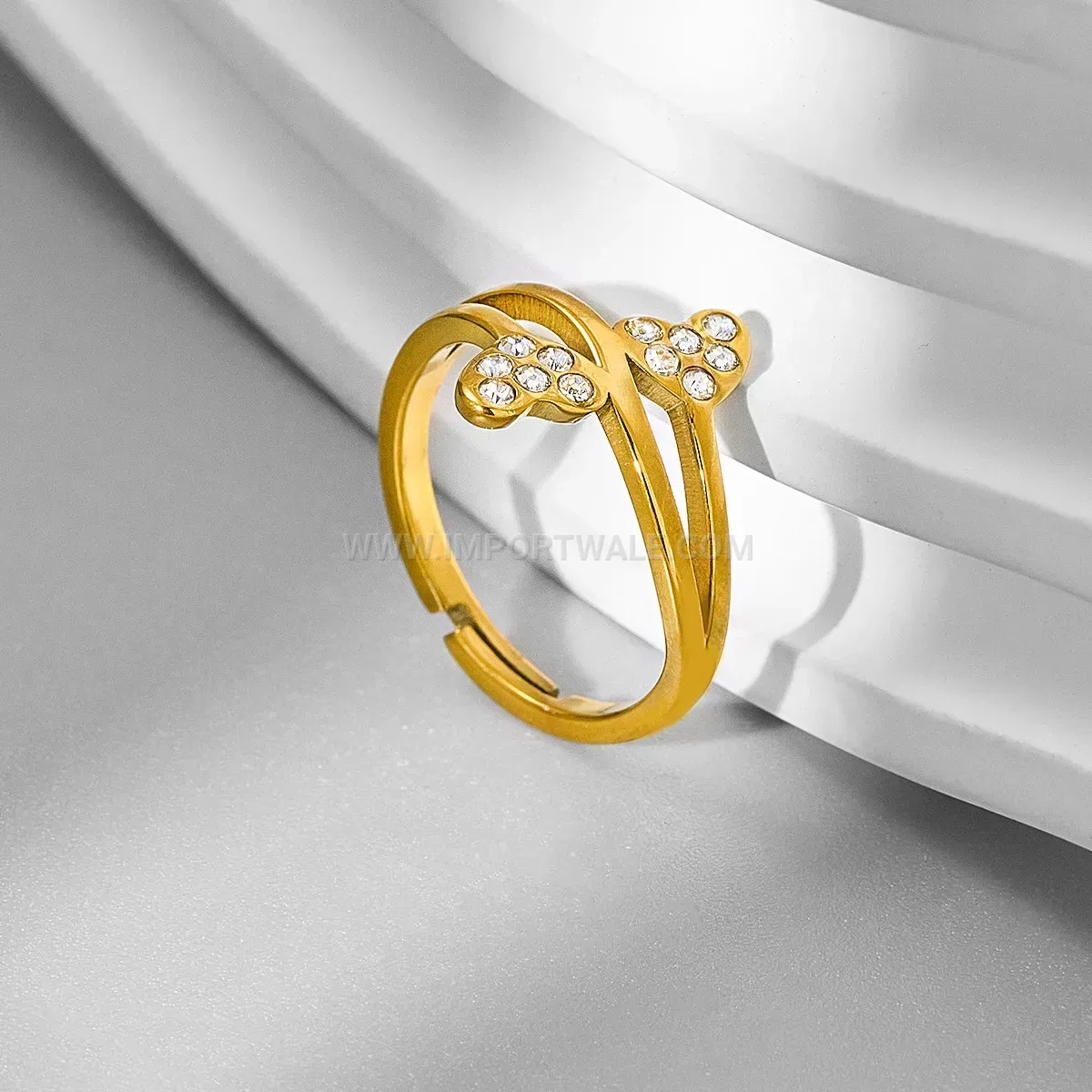 Double Heart Pave Open Adjustable Stainless Steel Ring