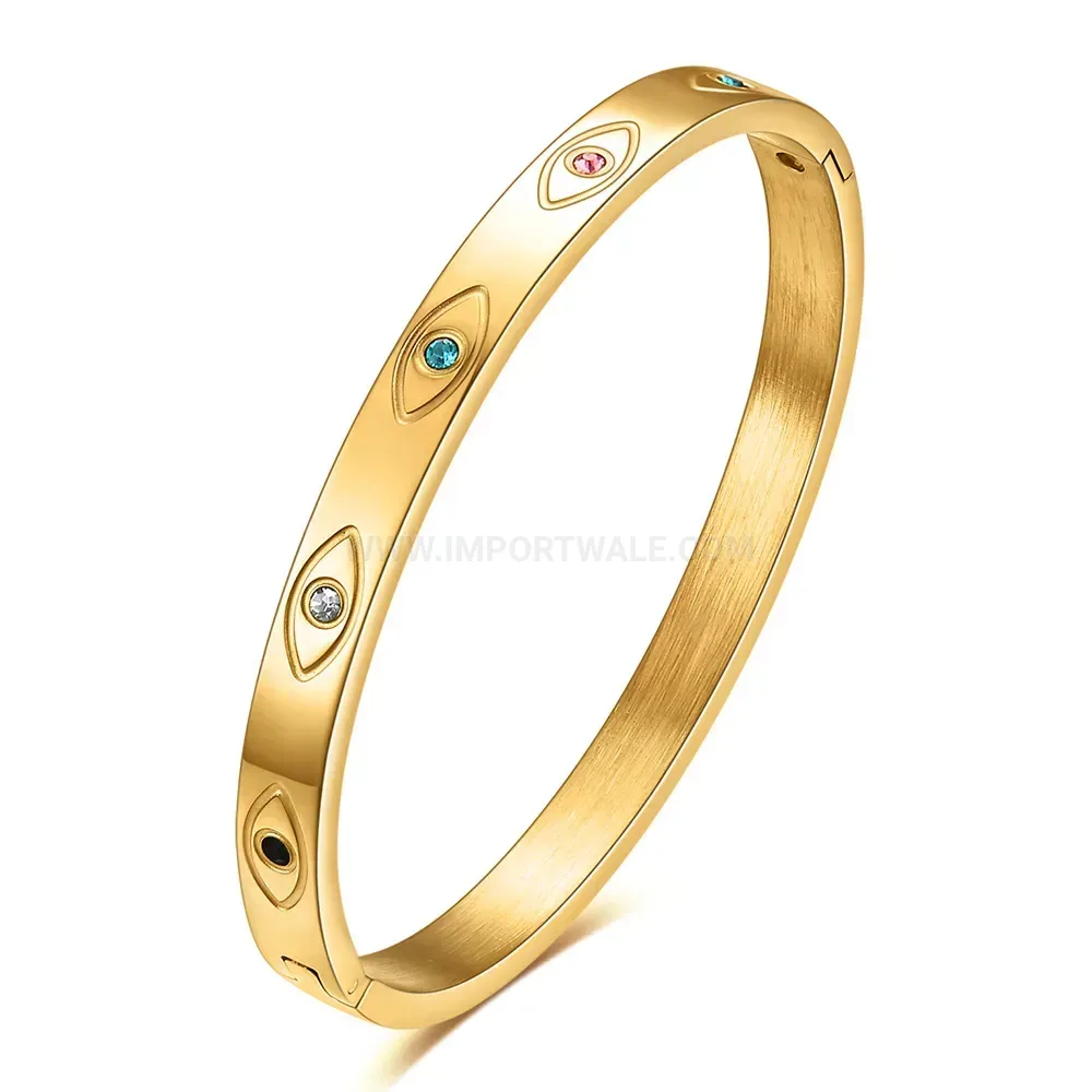 Modern Stainless Steel Evil Eye Cubic Zirconia Bangle Bracelet