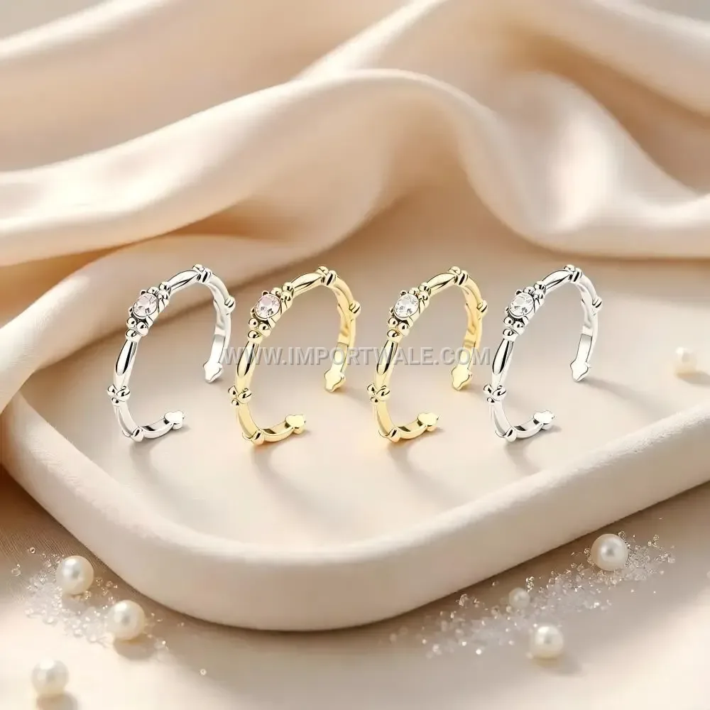 Geometric Bamboo Accent Zircon Stainless Steel Open Ring