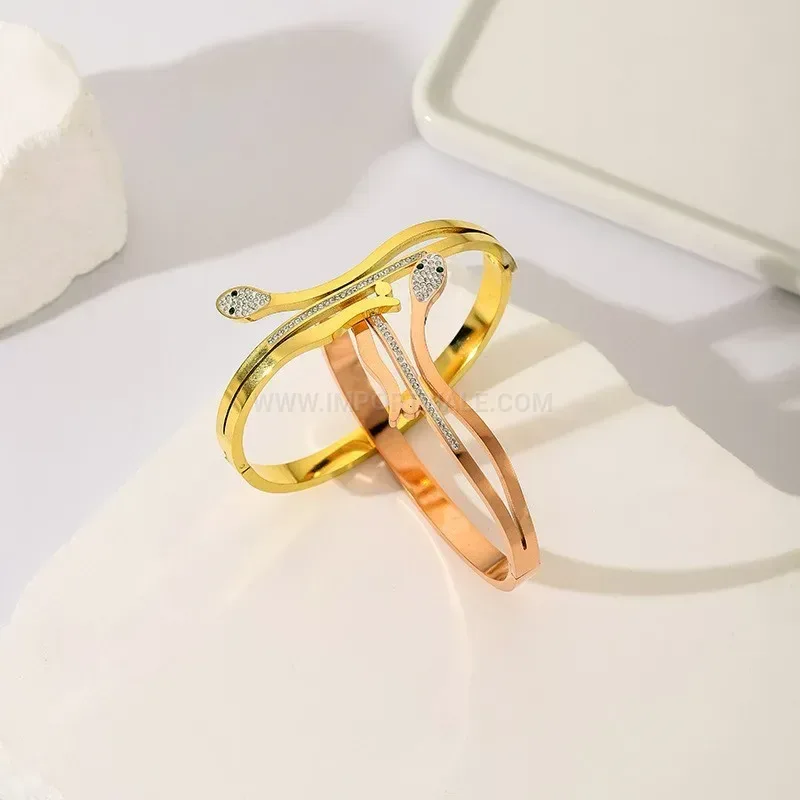 Stylish Crystal Snake Open Cuff Bangle in Stainless Steel
