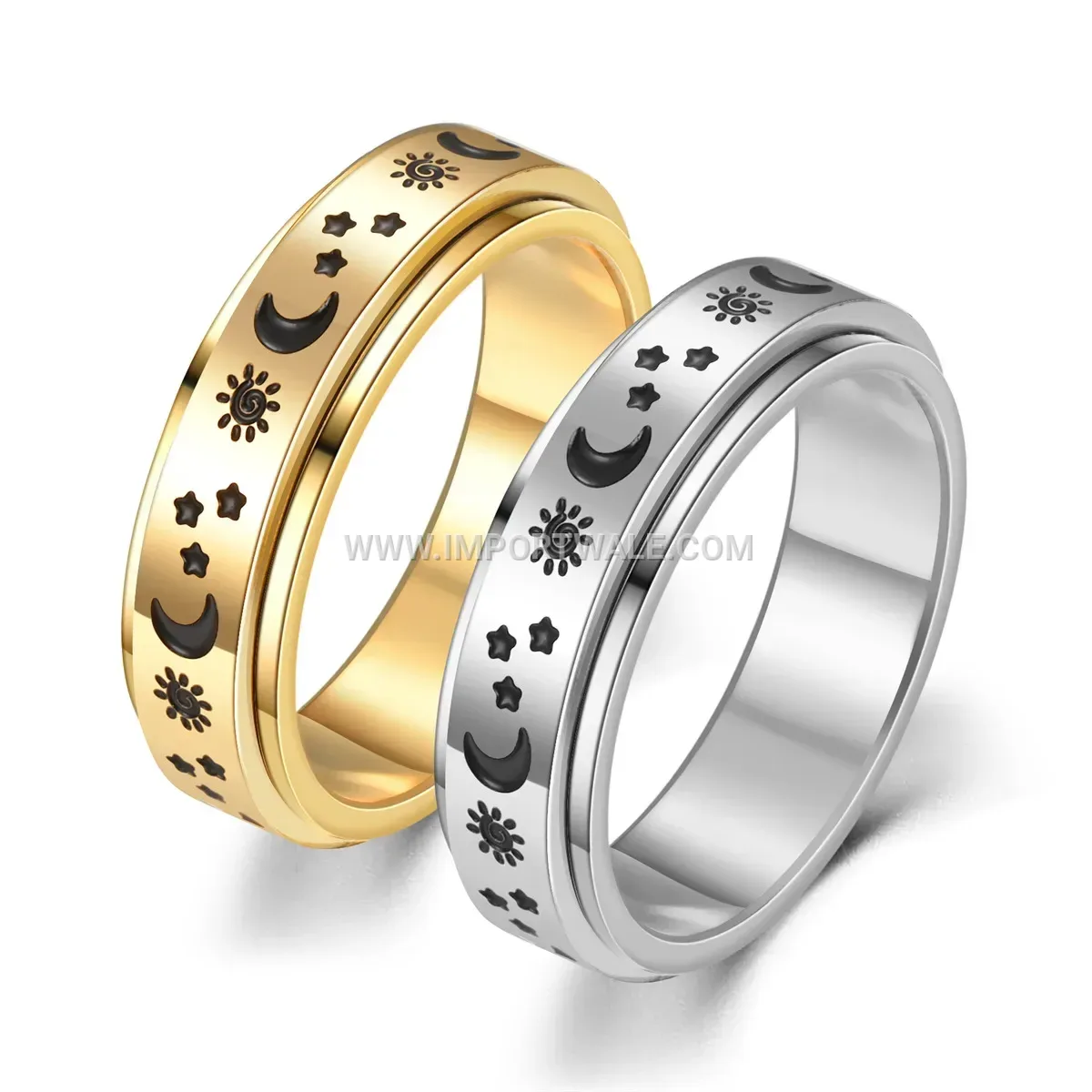 Celestial Sun Moon and Stars Engraved Stainless Steel Spinner Ring