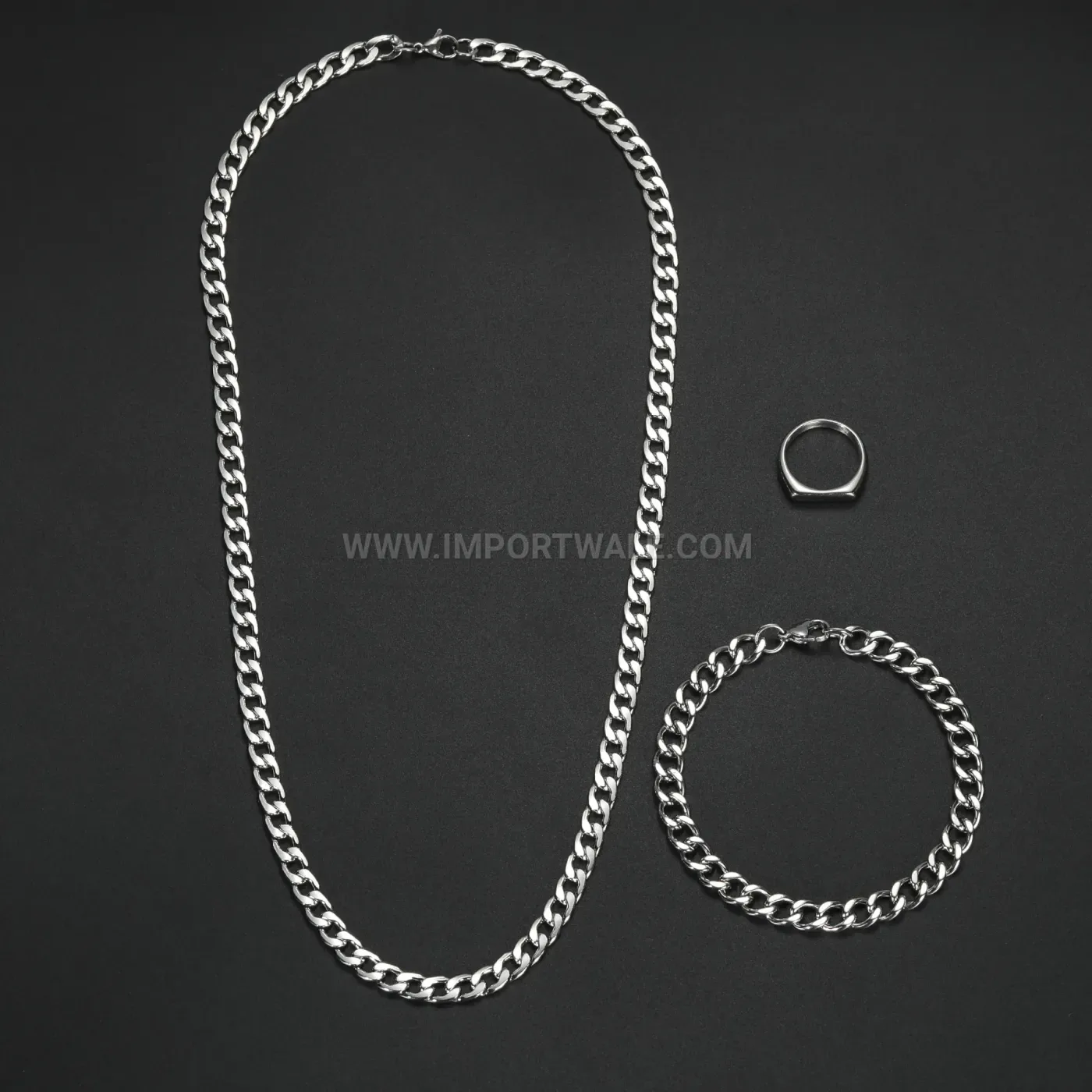 Three-Piece Stainless Steel Hip-Hop Style Chain Jewelry Set