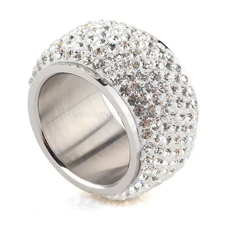 Seven Row Crystal Pave Stainless Steel Wide Ring