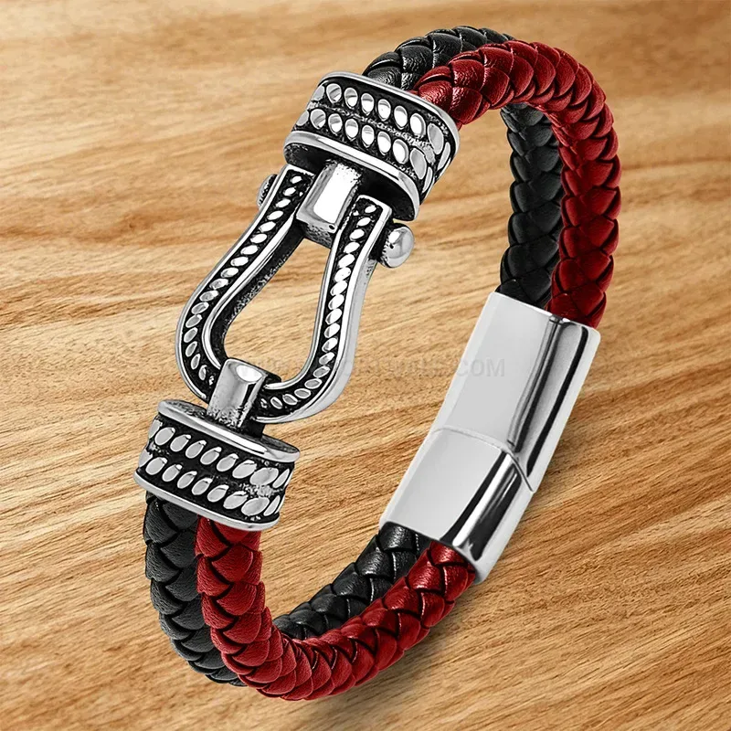 Elegant Dual Color Leather Horseshoe Clasp Stainless Steel Bracelet