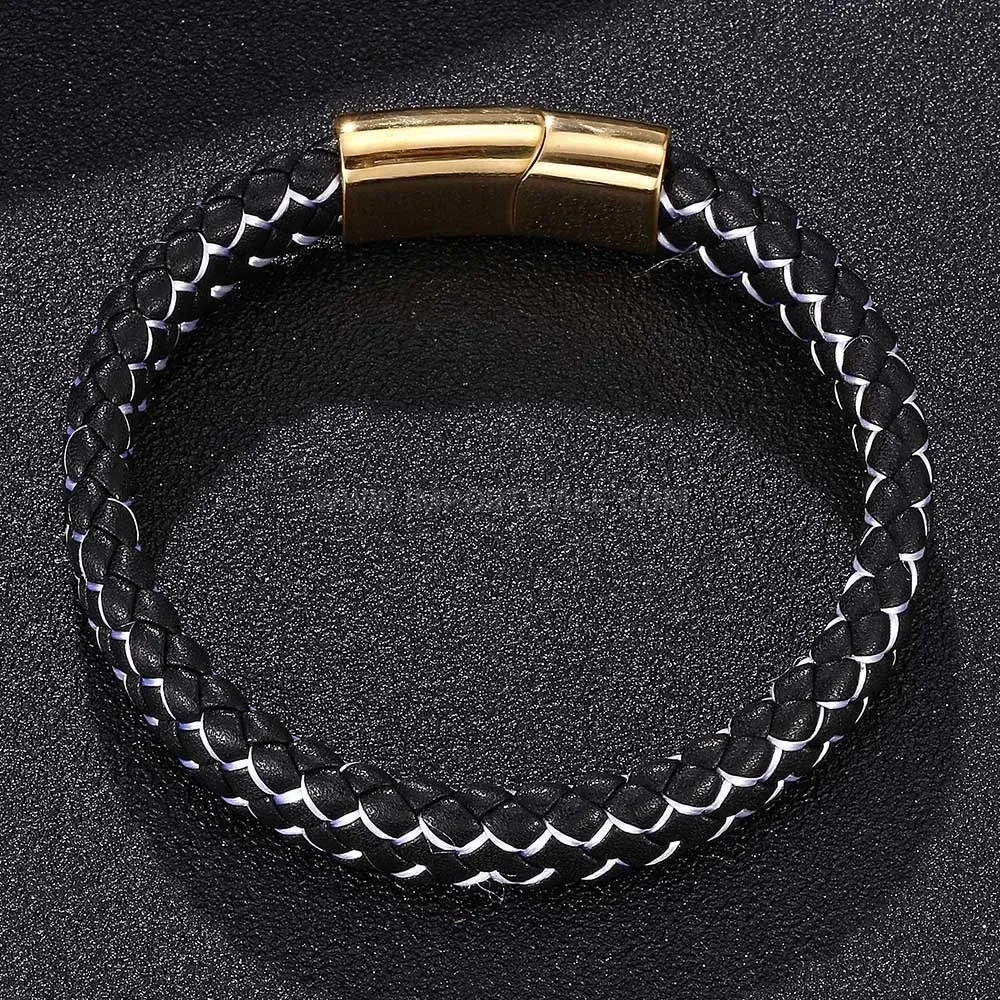Two-Tone Woven Leather Bracelet with Gold-Tone Magnetic Clasp