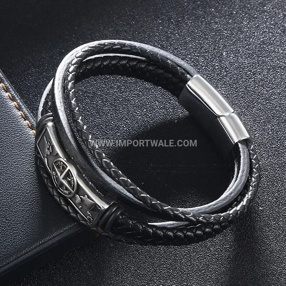 Layered Leather Cord Men Bracelet featuring Stainless Steel Accents