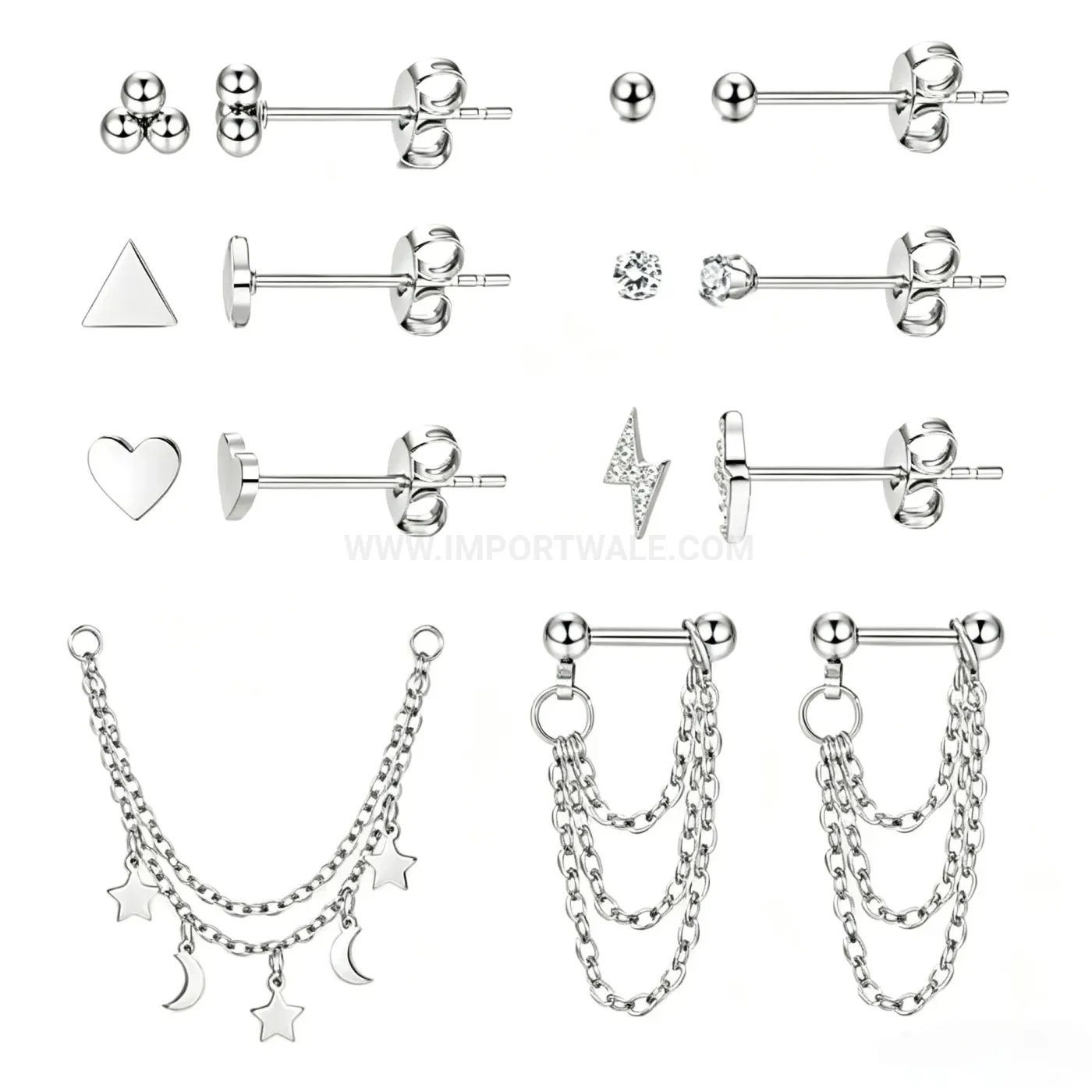 Elegant Stainless Steel Celestial Charm Chain Layering Ear Piercing Stud Set