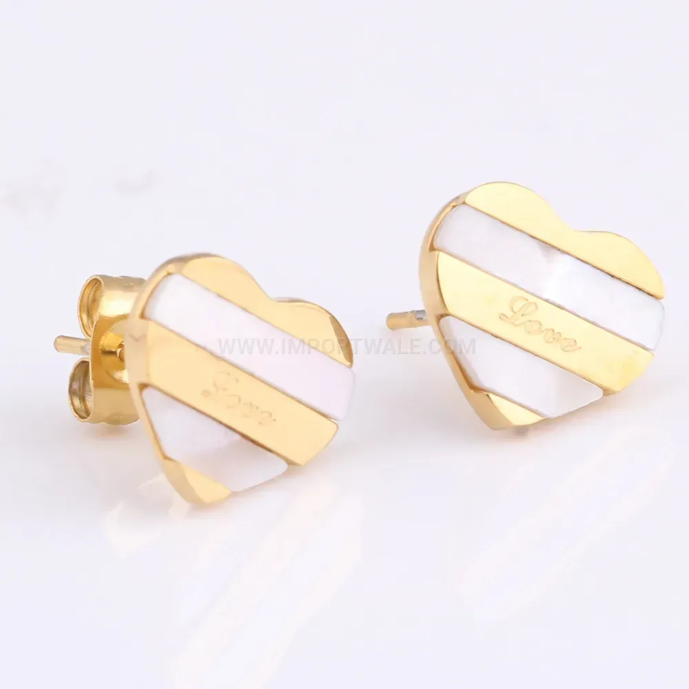 Classic Gold Stainless Steel Striped Heart Stud Earrings