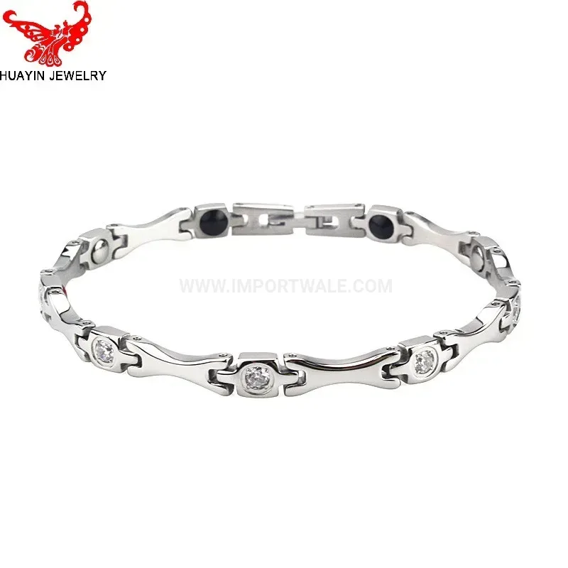 Fashion Sparkling Zircon Titanium Steel Magnetic Bracelet with Hematite Accent