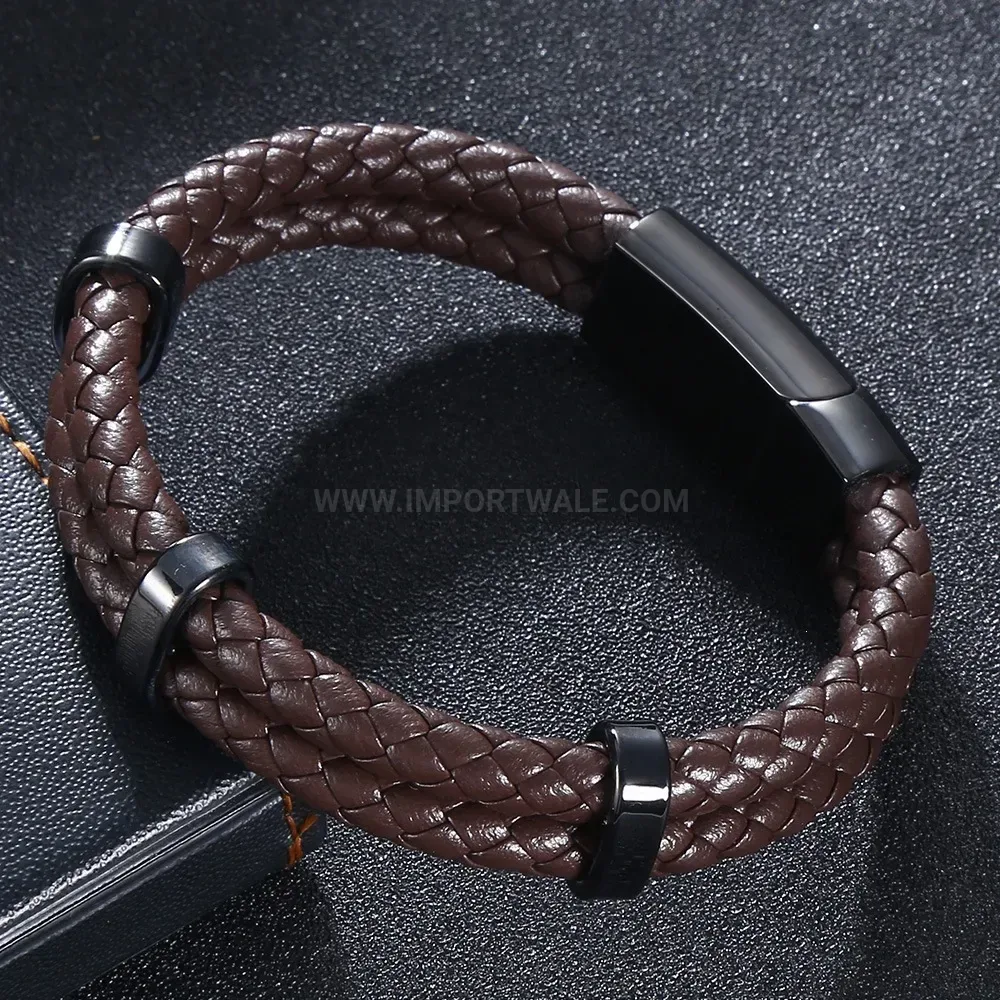 Vintage Braided Leather Bracelet with Stainless Steel Magnetic Clasp