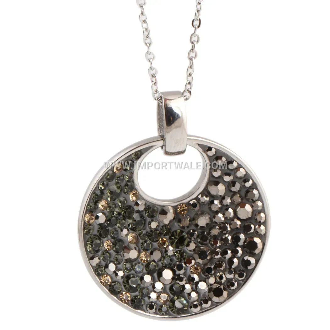 Vintage Hollow Round Stainless Steel Rhinestone Pendant Necklace