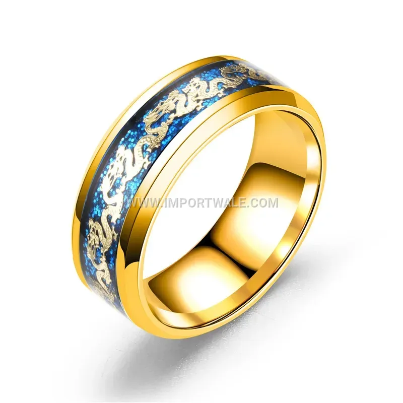 Stainless Steel Inlaid Gold Dragon Pattern Band Ring