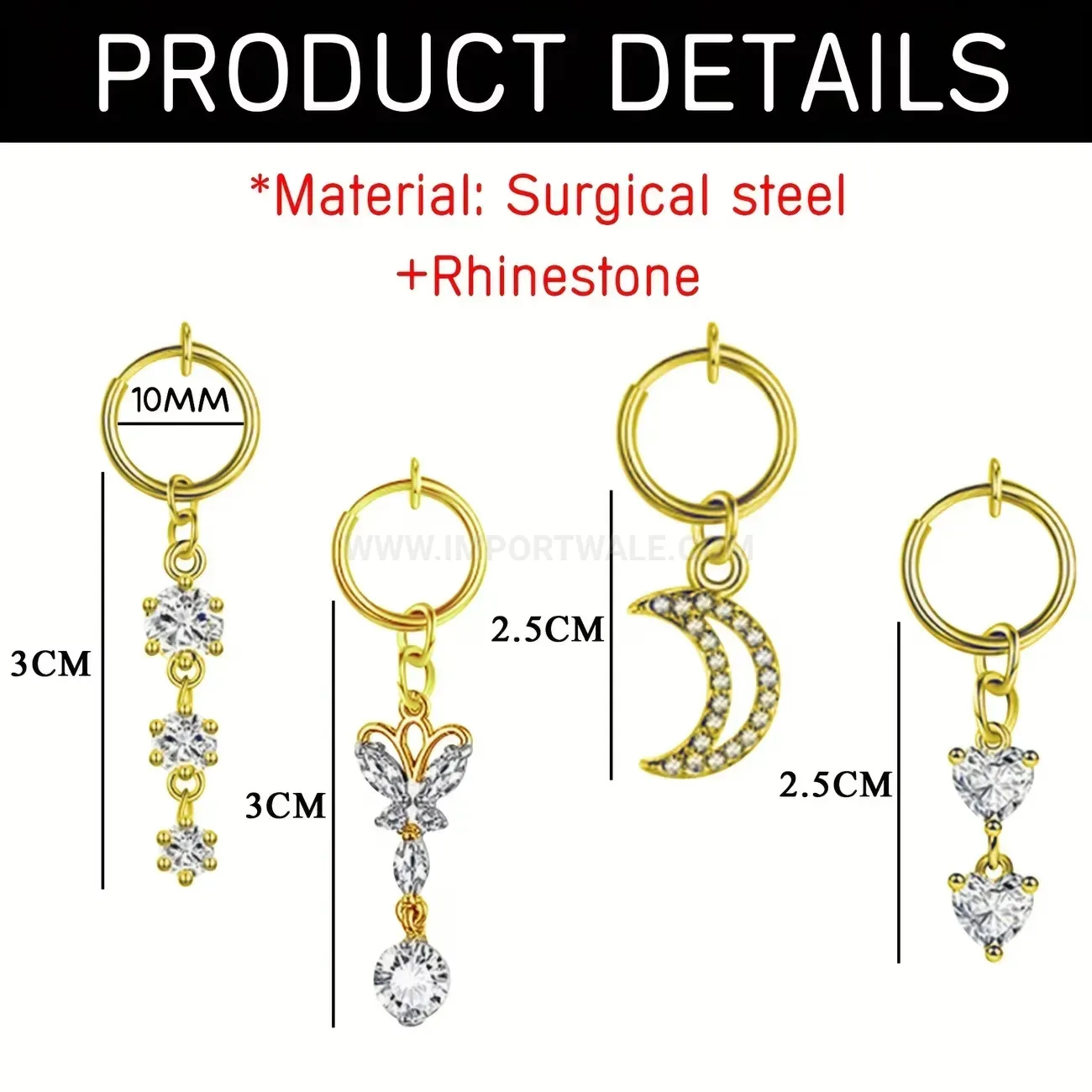 Premium Butterfly Moon Heart Charm Stainless Steel Piercing Ear Hoop Set