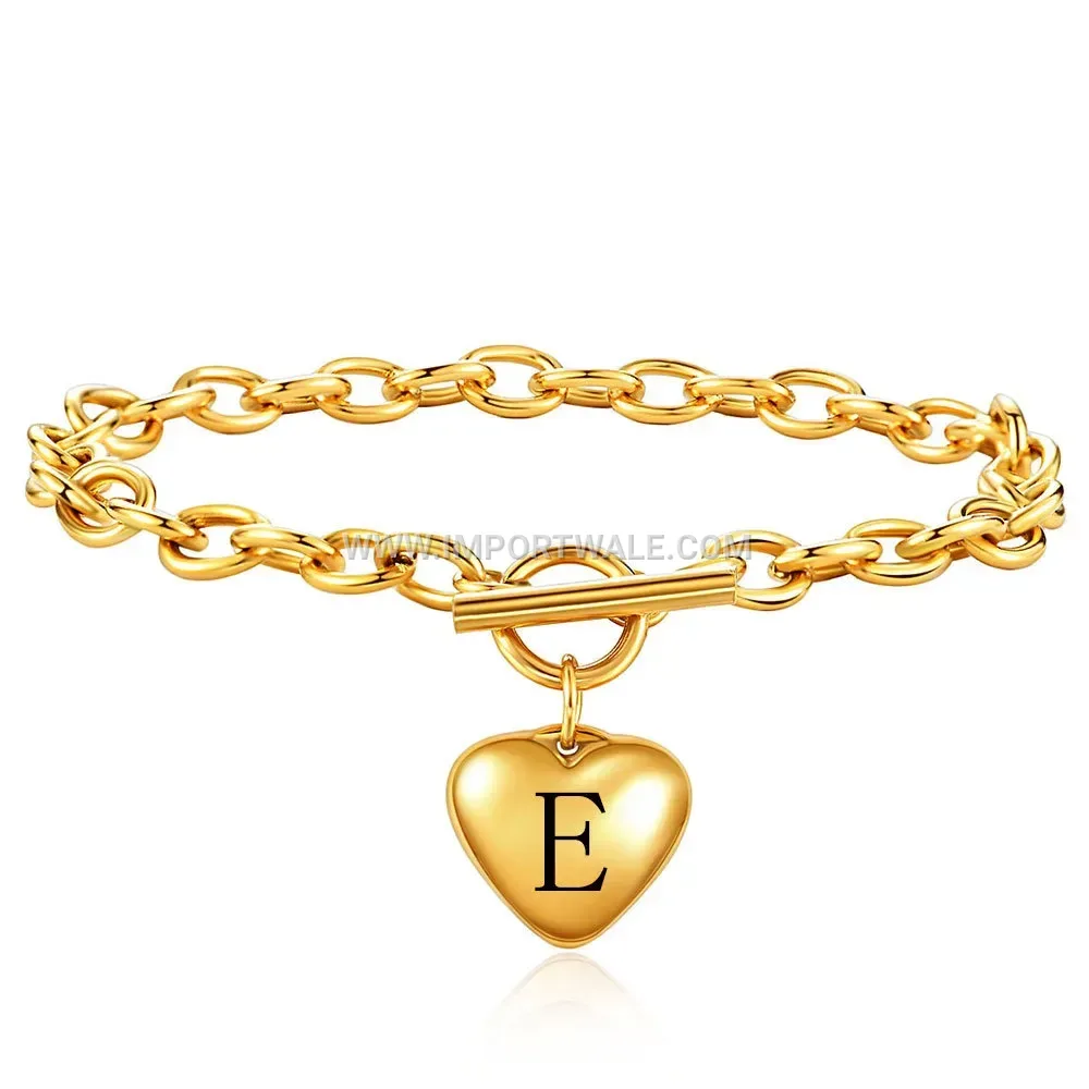18K Gold Plated Stainless Steel Heart Initial Toggle Bracelet