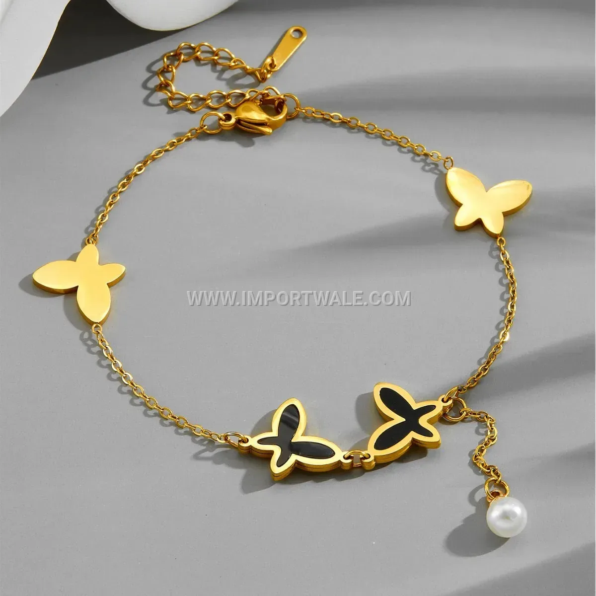 Gold Titanium Steel Butterfly Pearl Tassel Anti Tarnish Anklet