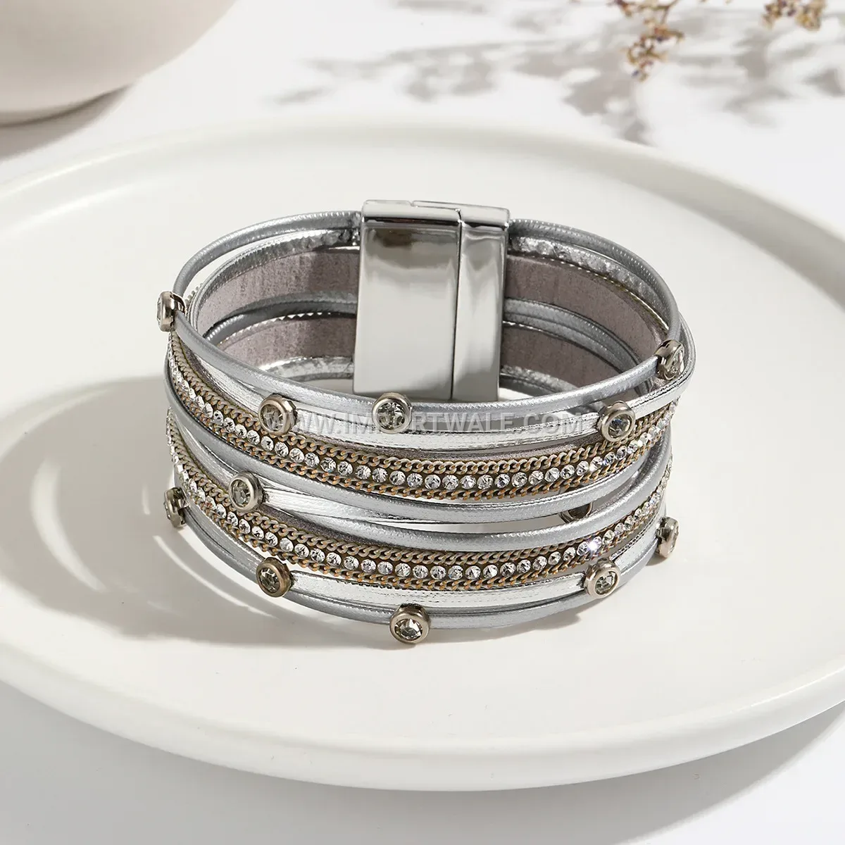 Multi-Layer Faux Leather Rhinestone Wrap Bracelet With Magnetic Clasp