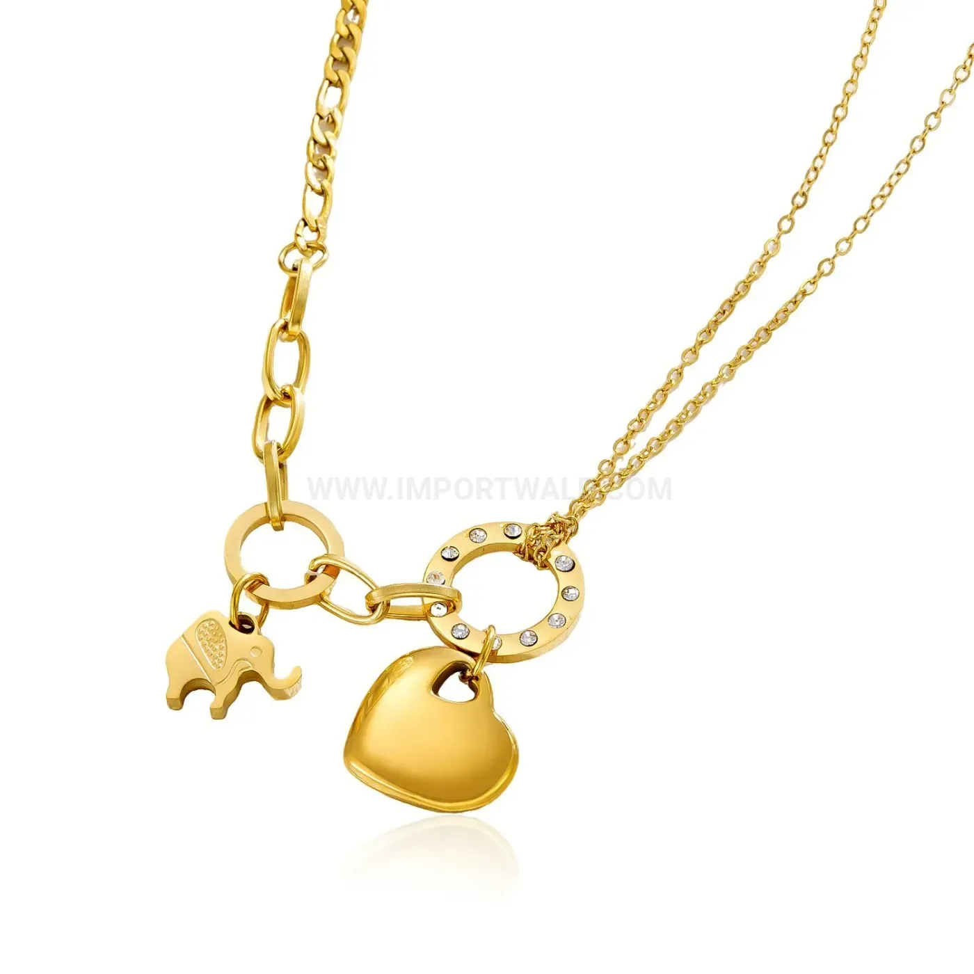 Heart and Elephant Cubic Zirconia Titanium Steel Pendant Necklace