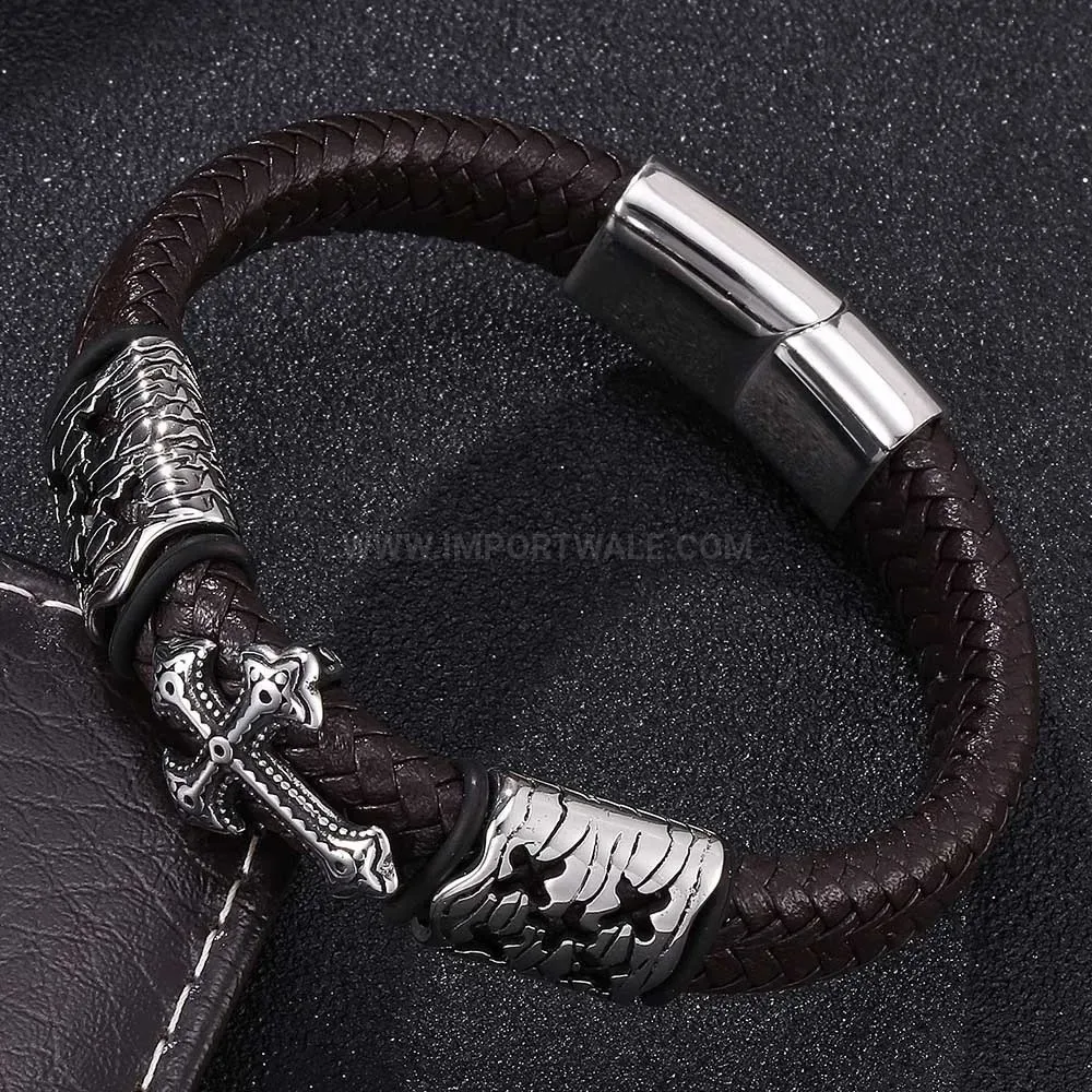 Handcrafted Leather Braided Bracelet with Vintage Stainless Steel Cross Clasp
