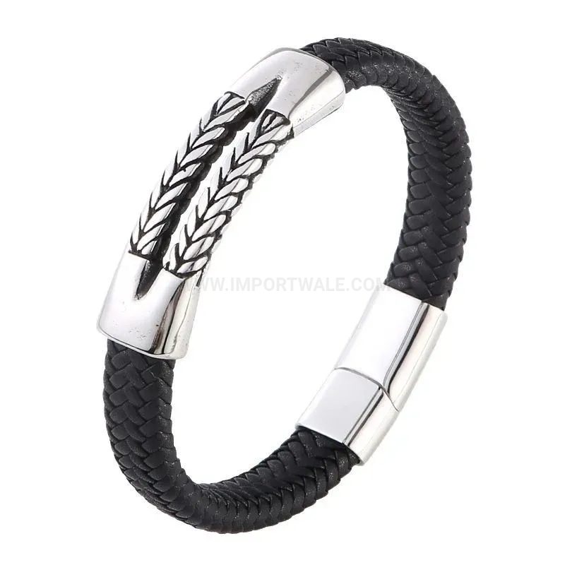 Elegant Braided Leather Stainless Steel Punk Style Wristband for Men
