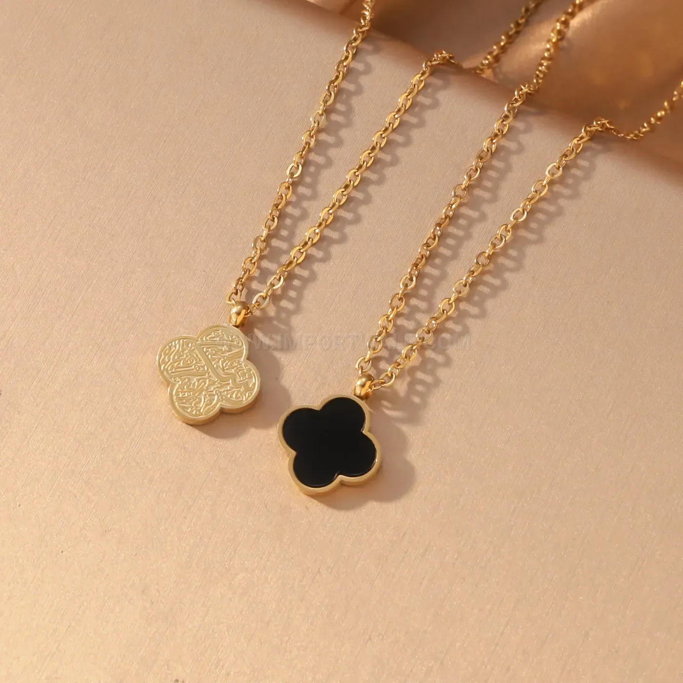 Gold Plated Stainless Steel Double-Sided Clover Islamic Calligraphy Necklace