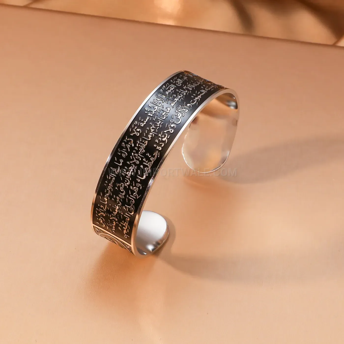 Engraved Ayatul Kursi Arabic Calligraphy Stainless Steel Open Cuff Bracelet