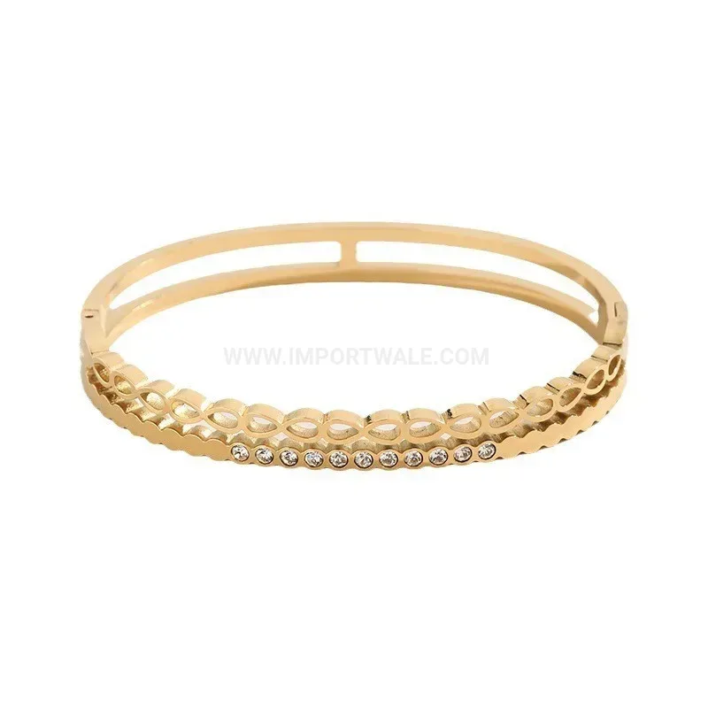 Bold Double Layer Wave Cutout Zircon Titanium Bangle