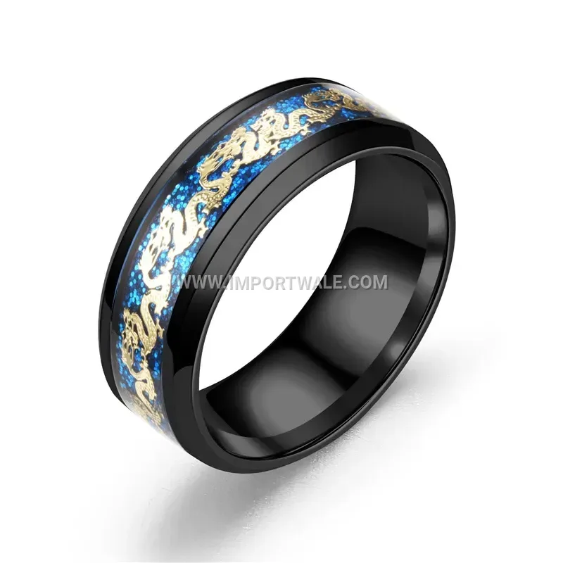 Stainless Steel Inlaid Gold Dragon Pattern Band Ring