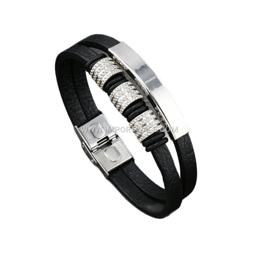 Stainless Steel Bead Braided Black Leather Men's Wristband