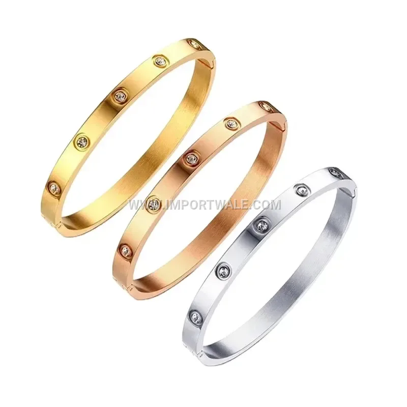 Zircon Studded Brass Bangle Wristband with Elegant Buckle Closure