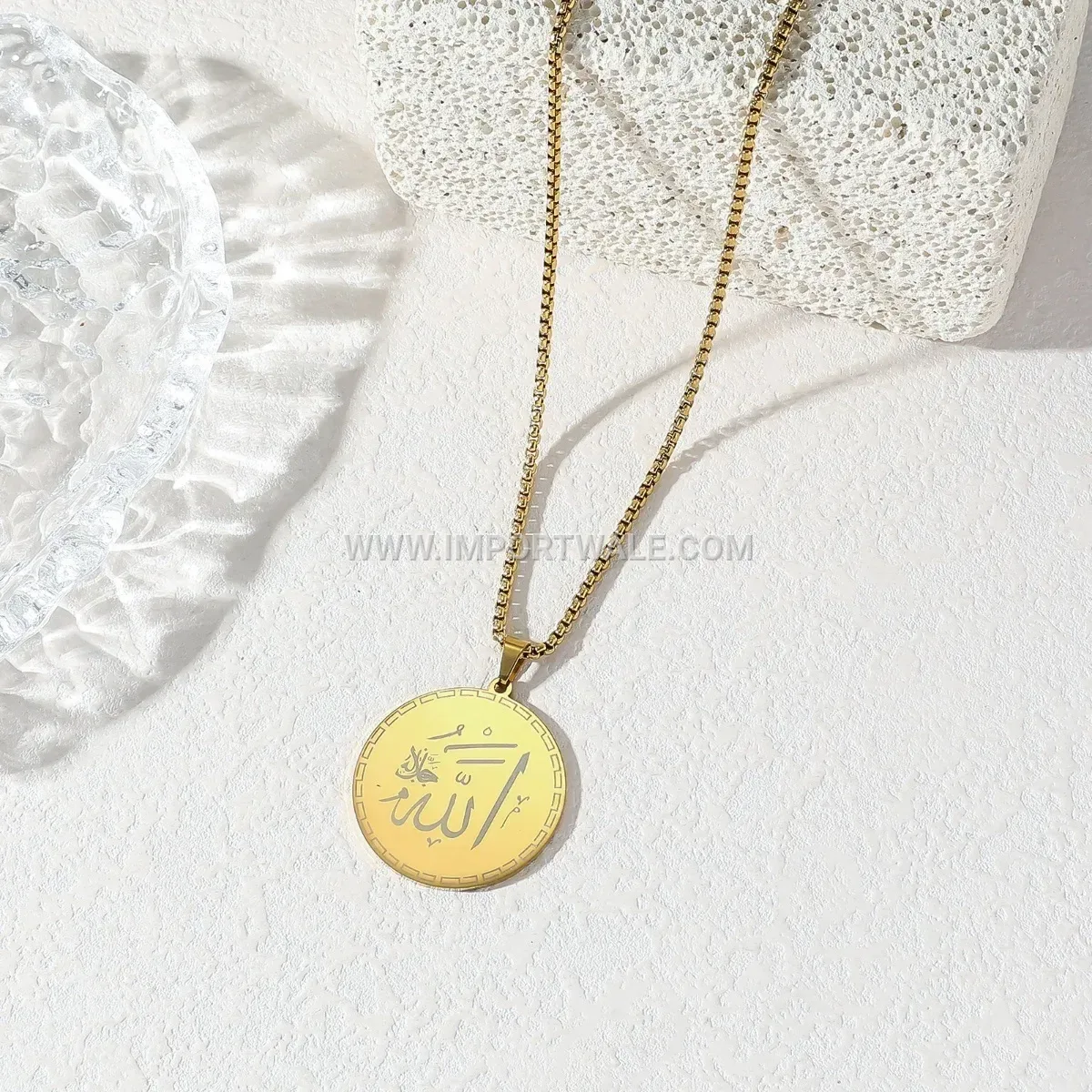 Round Stainless Steel Islamic Calligraphy Medal Chain Necklace