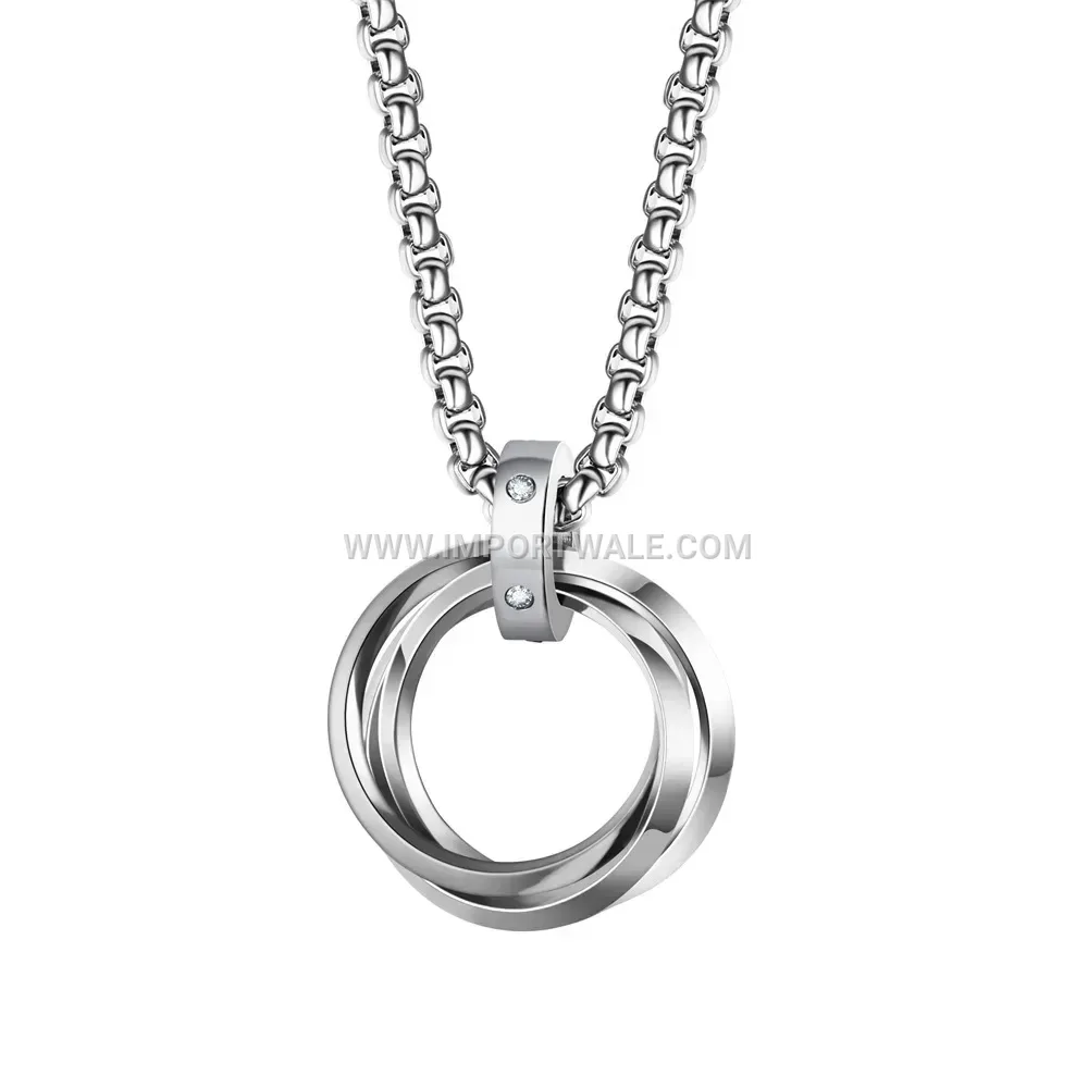Rhinestone Embedded Three Ring Interlocking Pendant Stainless Steel Necklace