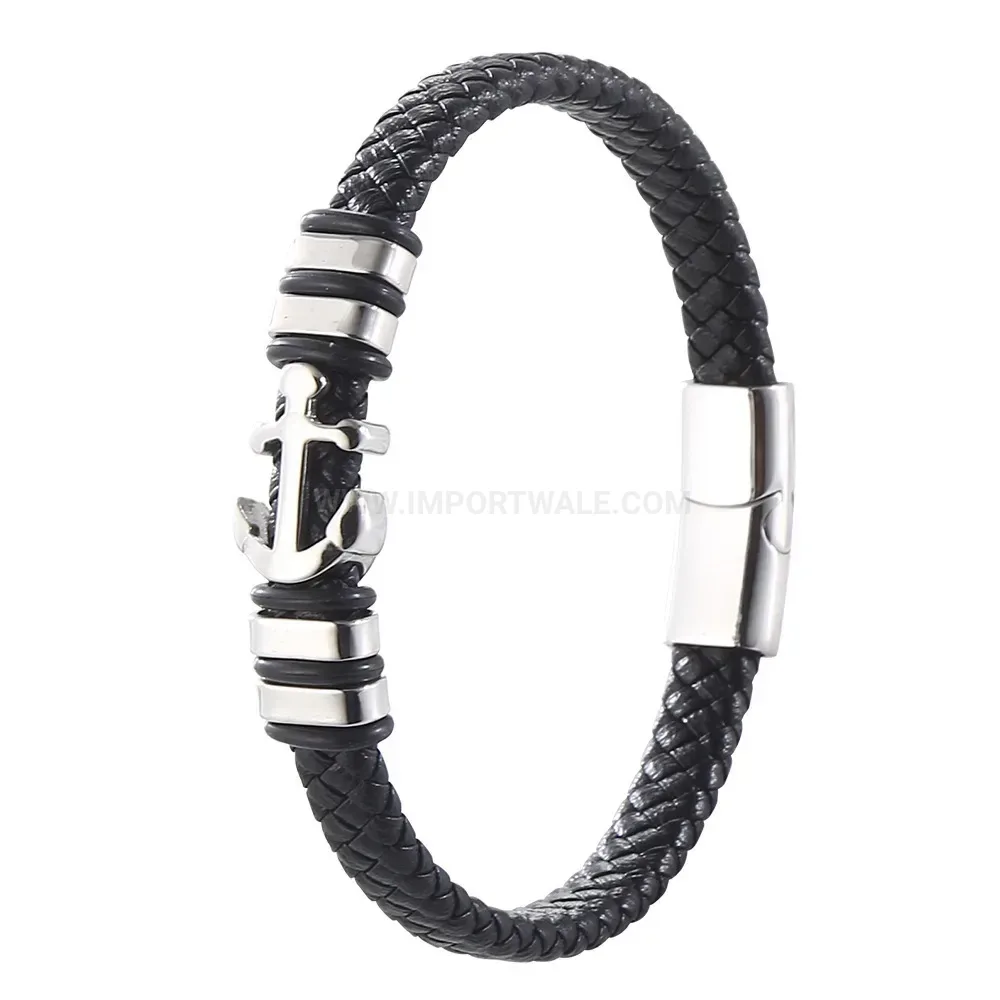 Woven Leather Band with Steel Clasp Accent