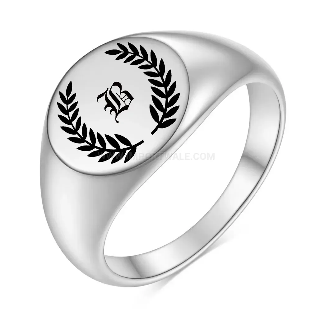 Classic Engraved Initial Leaf Circular Stainless Steel Signet Ring