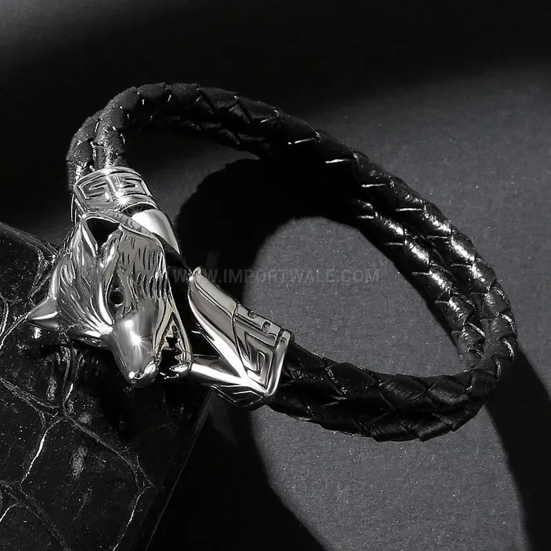 Stylish Punk Style Stainless Steel Wolf Head Men Leather Bracelet