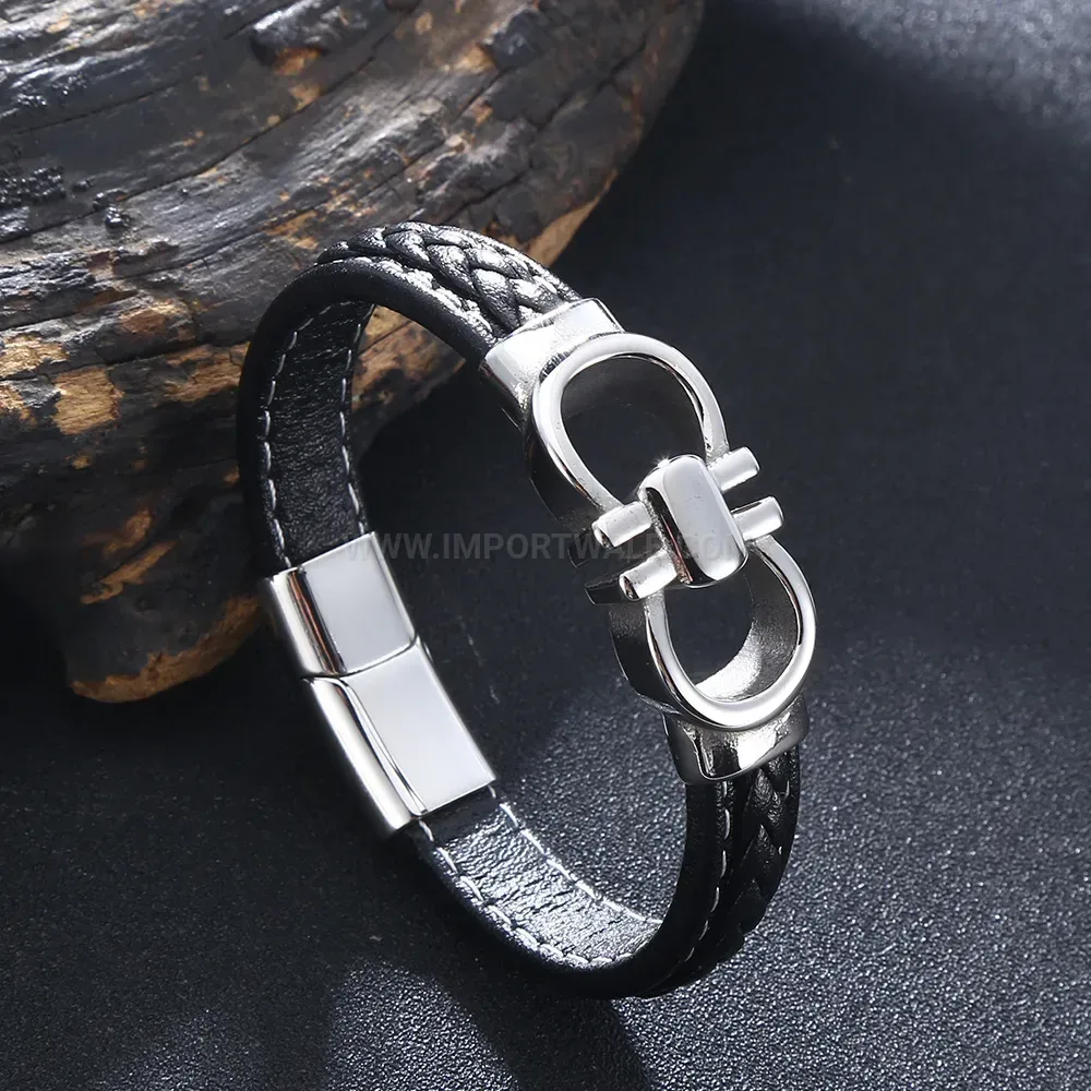Stitched Braided Leather Wristband with Steel Clasp