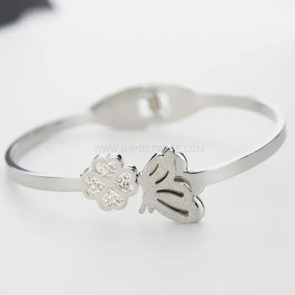 Modern Frosted Leaf and Clover Stainless Steel Open Bangle