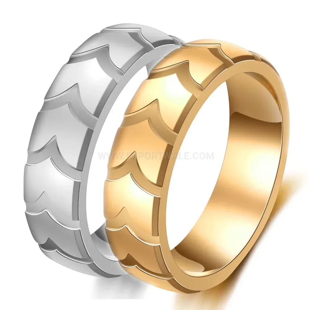 Designer Textured Tire Tread Band Stainless Steel Unisex Ring