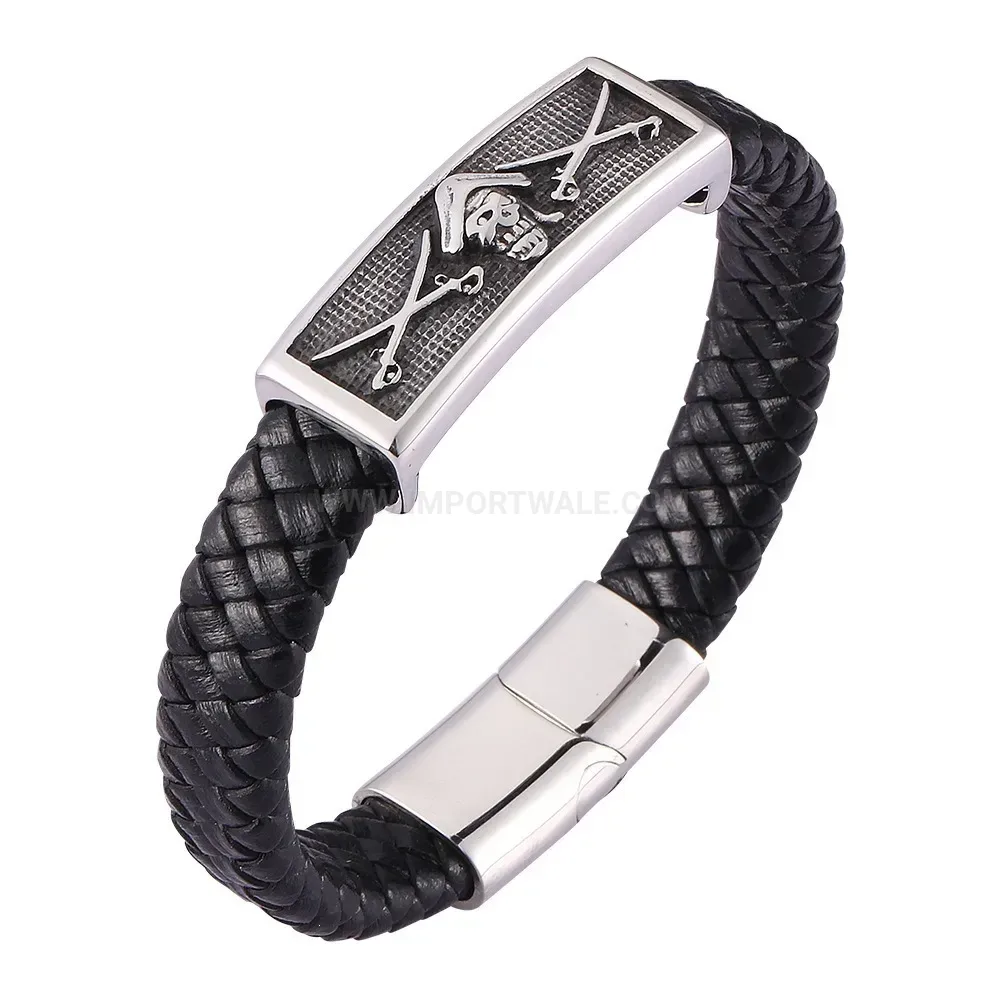 Fashion Gothic Skull Stainless Steel Accent Braided Genuine Leather Wristband
