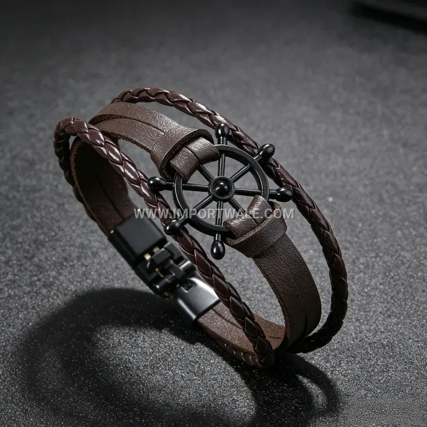 Nautical Rudder Charm Braided PU Leather Magnetic Wristband