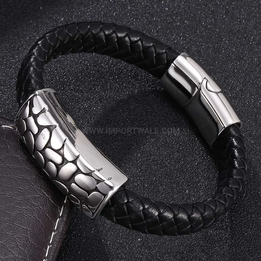 Braided Black Leather Bracelet with Stainless Steel Accent for Men